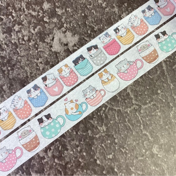 Kitty Cats In Pockets and Coffee Mugs, Washi Tape, Set Of 2 Rolls - Picture 7 of 9